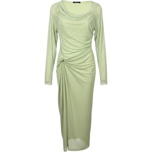 Maternity Maxi Dress Womens XL Sage Green Cowl Neck Ruched Bell Sleeve Stretch